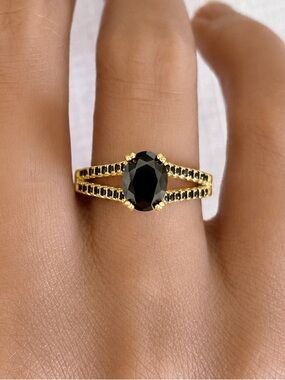 Yellow Gold Oval Black CZ Split Shank Pave Band Sterling Silver Women’s Ring